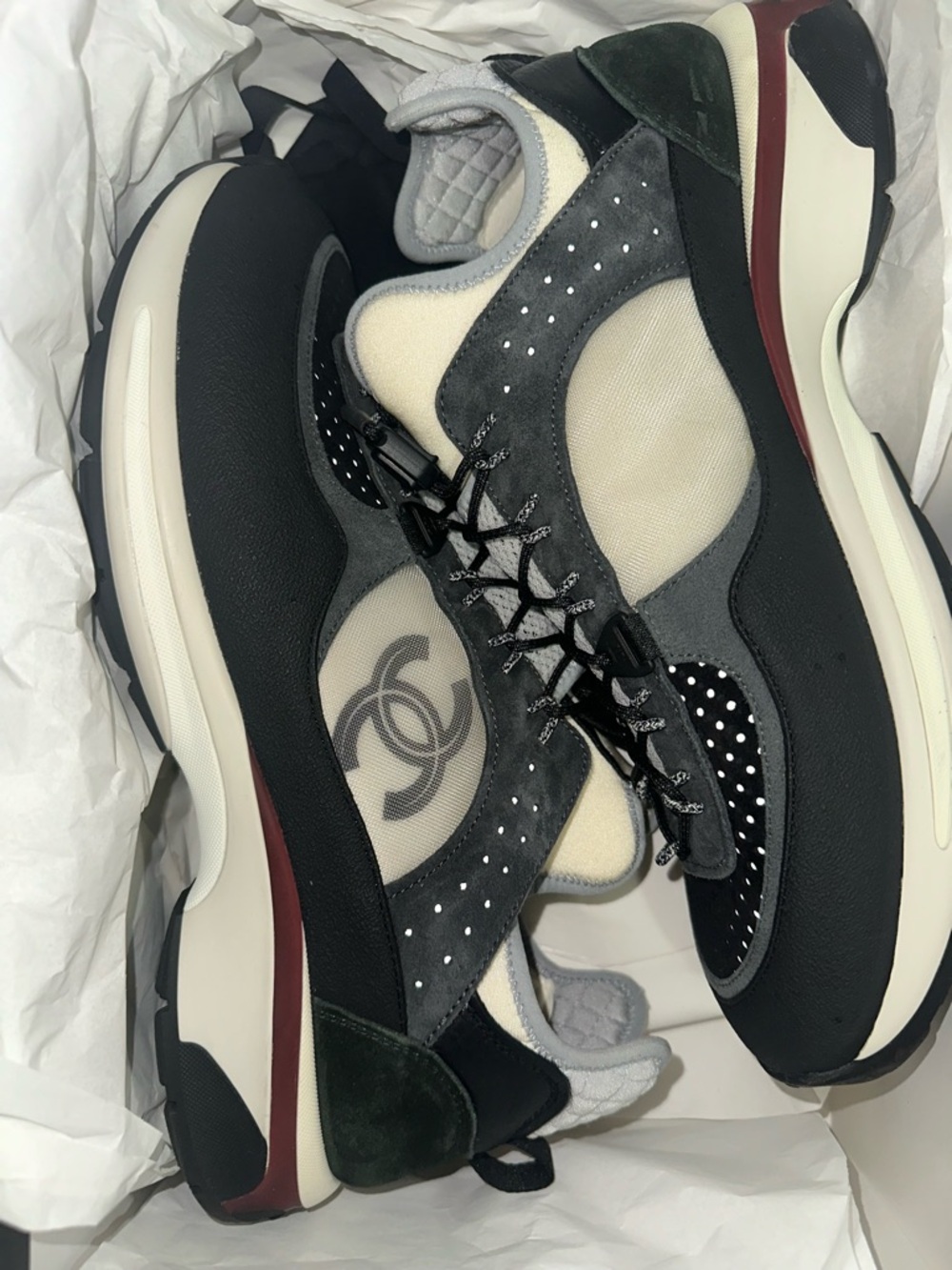 CHANEL Black, White and Gray Mixed-Material Runner Sneakers
